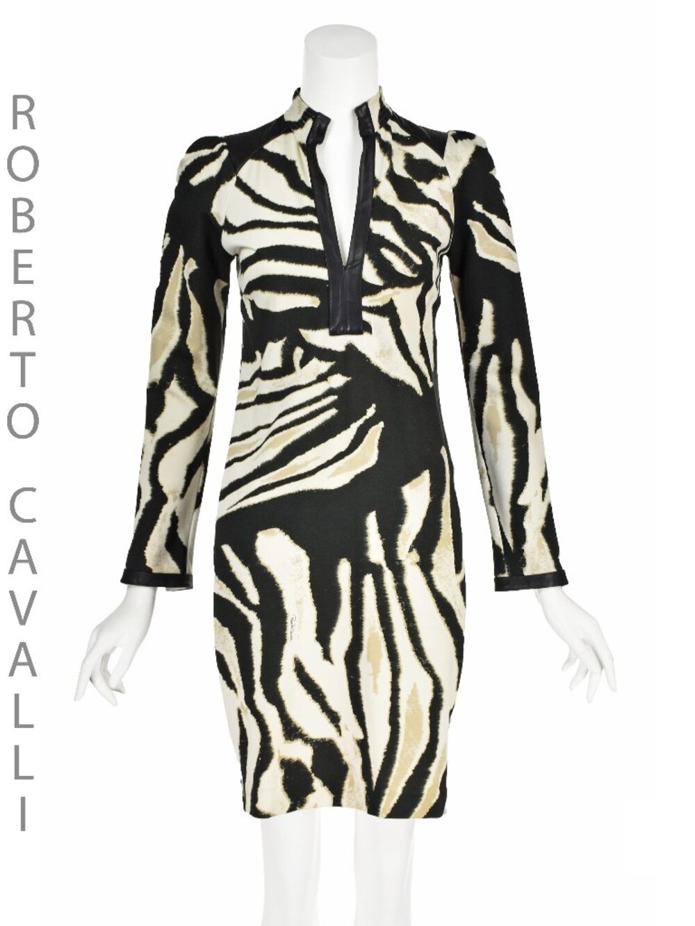 ROBERTO CAVALLI c. 2012 Brown Tiger Print Knit Dress w/Leather Trim, SZ SM